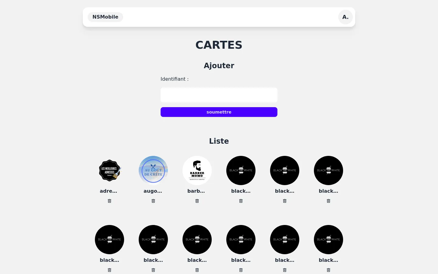 Tableau admin des cartes avec le catalogue client complet