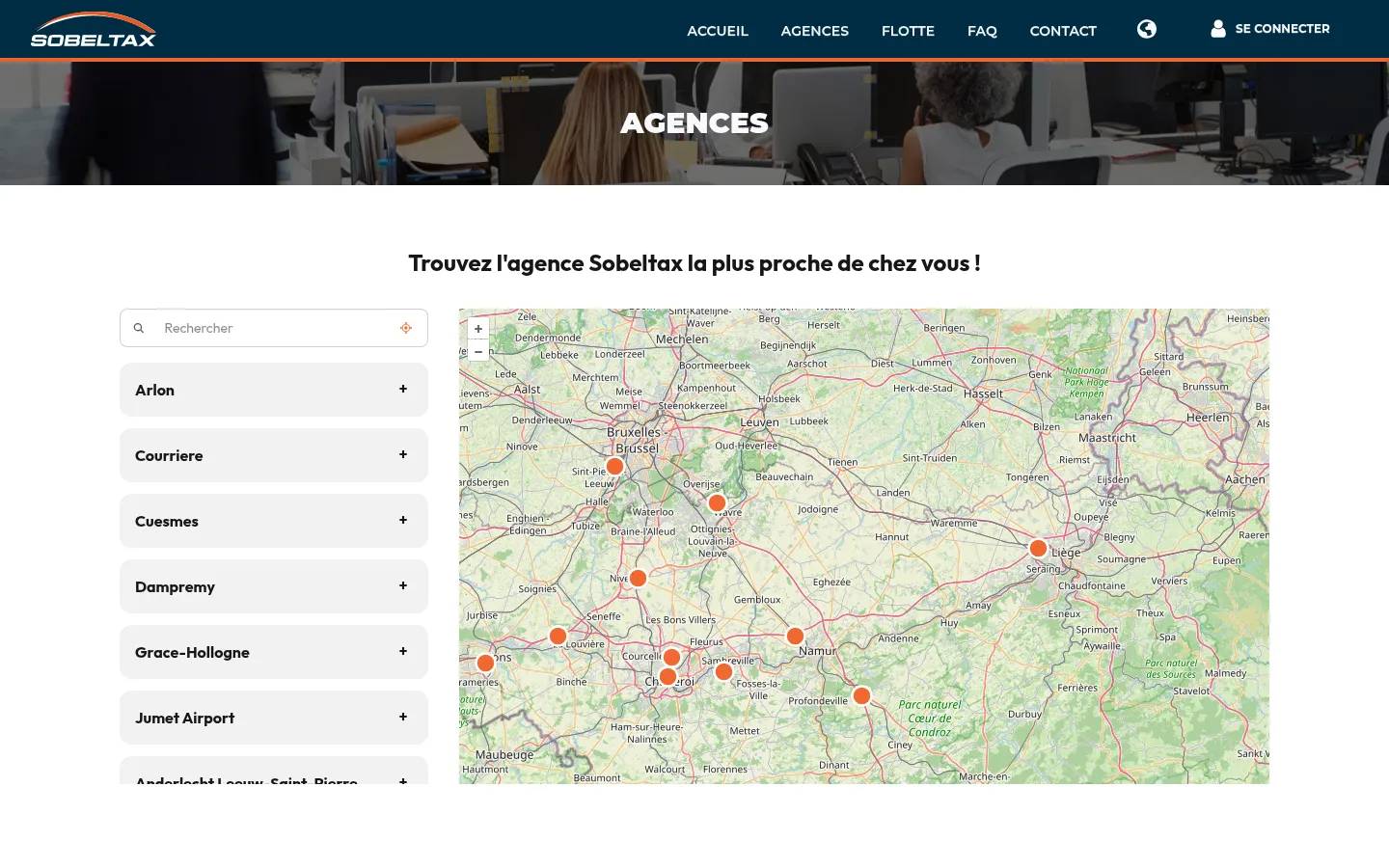 Carte interactive OpenLayers affichant le réseau d'agences Sobeltax en Belgique
