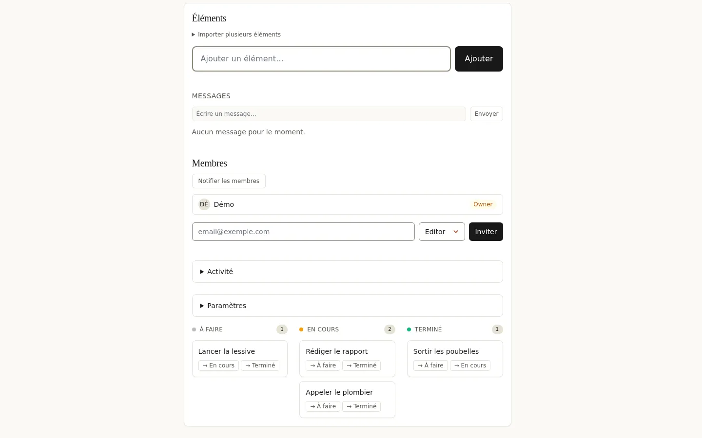 Liste collaborative en vue kanban — colonnes À faire / En cours / Terminé, membres, rôles et messagerie