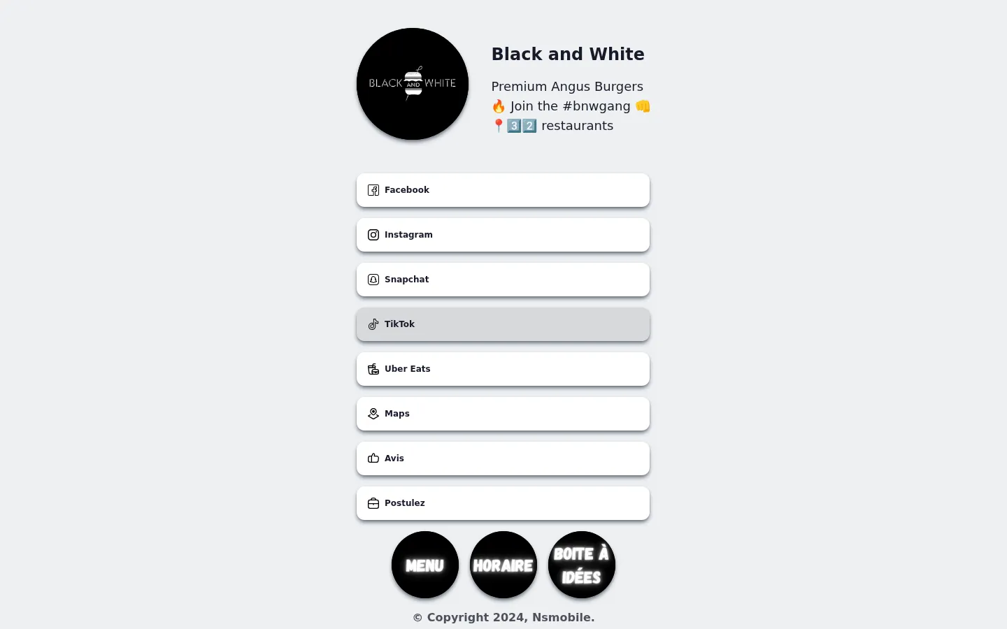 Carte client en production — restaurant « Black and White » : 8 types de liens et 3 badges