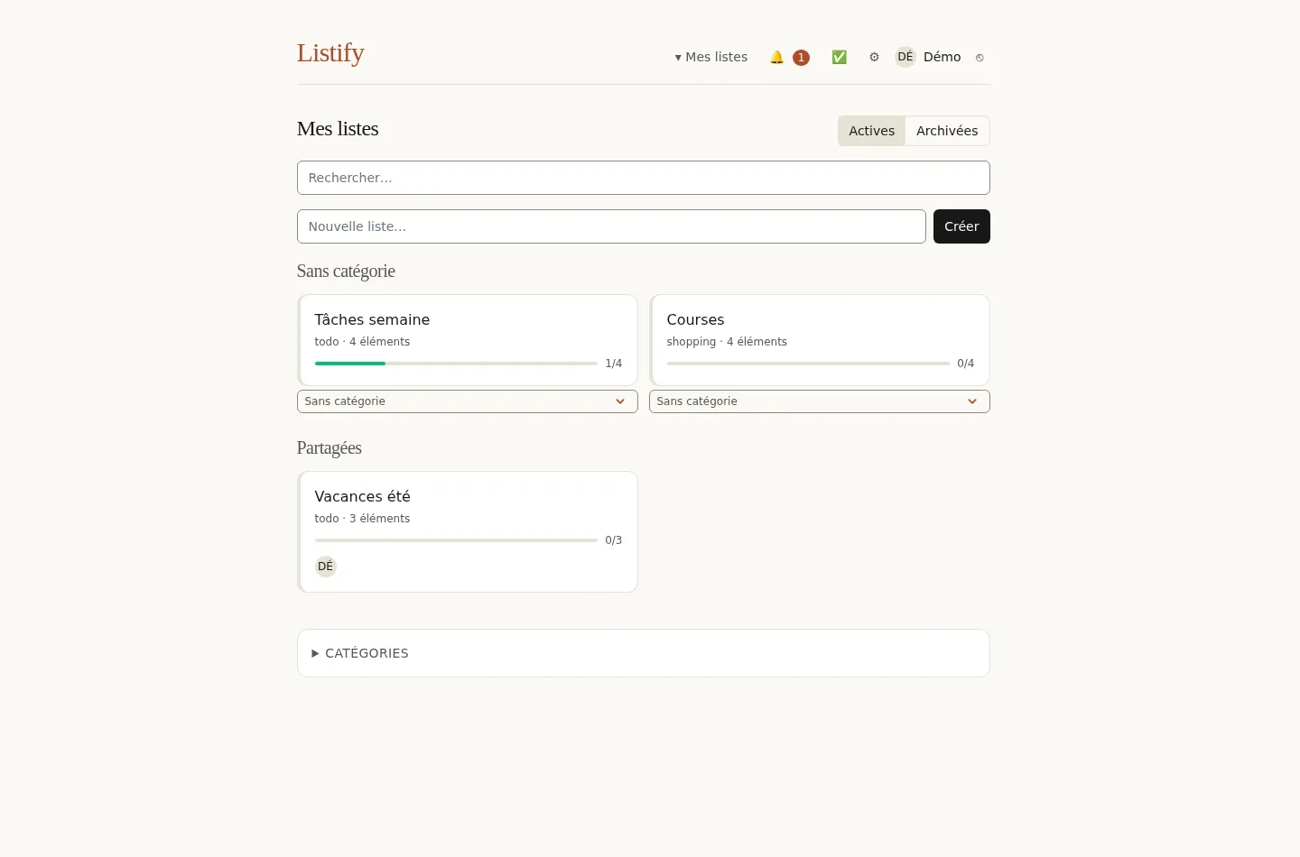 Tableau de bord Listify — « Mes listes » avec listes actives, partagées et barres de progression