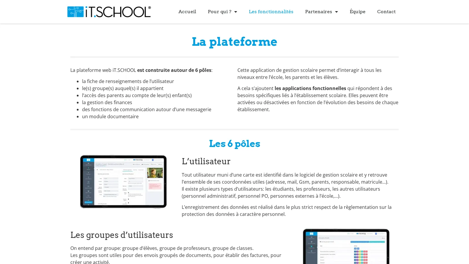 Vue d'ensemble de la plateforme — les 6 pôles et les interfaces produit