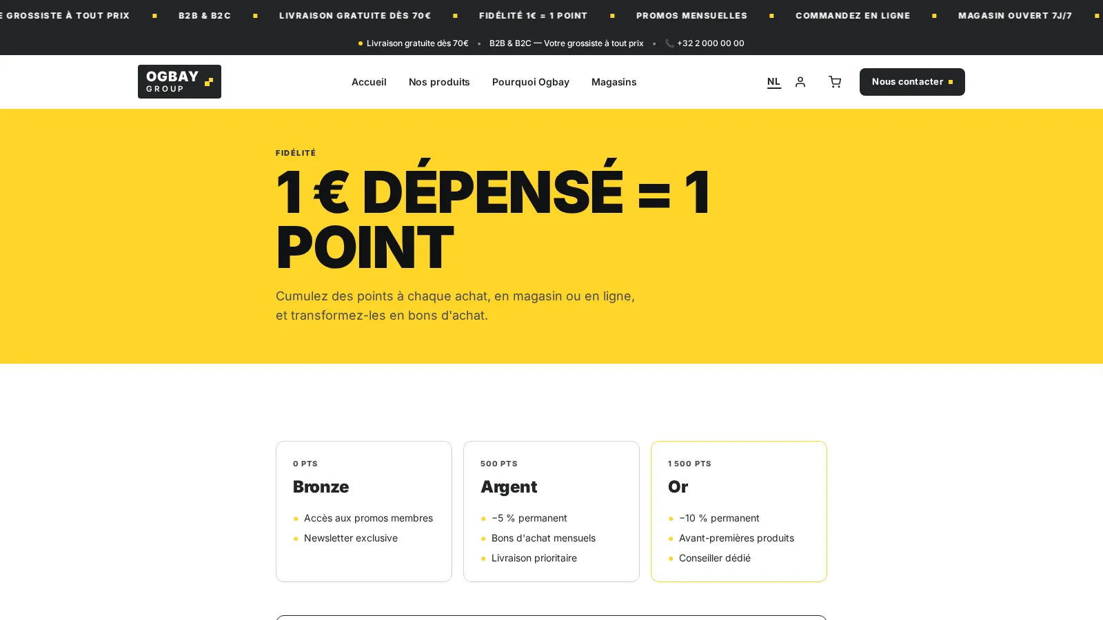 Page fidélité de la vitrine — paliers Bronze / Argent / Or « 1 € dépensé = 1 point »