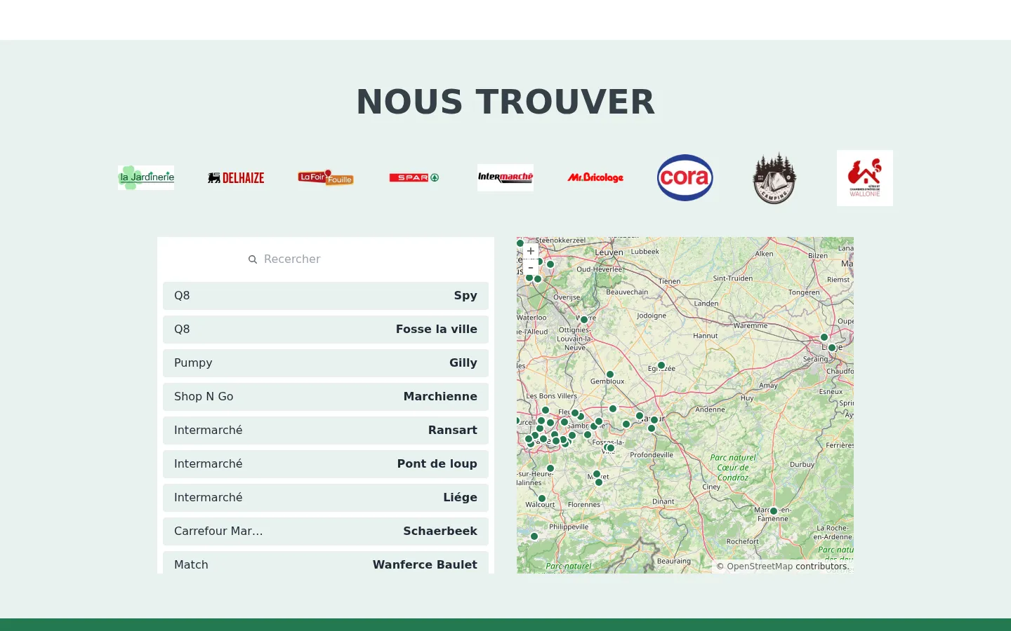 Trouver un revendeur — logos partenaires, liste filtrable et carte OpenLayers du réseau
