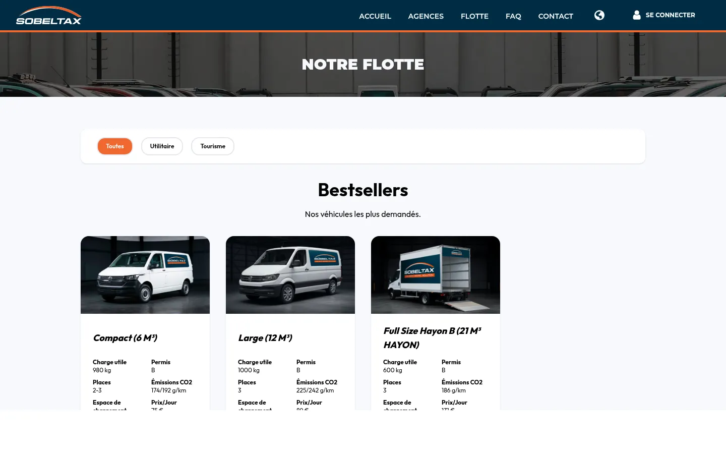 Catalogue de la flotte Sobeltax avec catégories Compact, Large et Full Size Hayon
