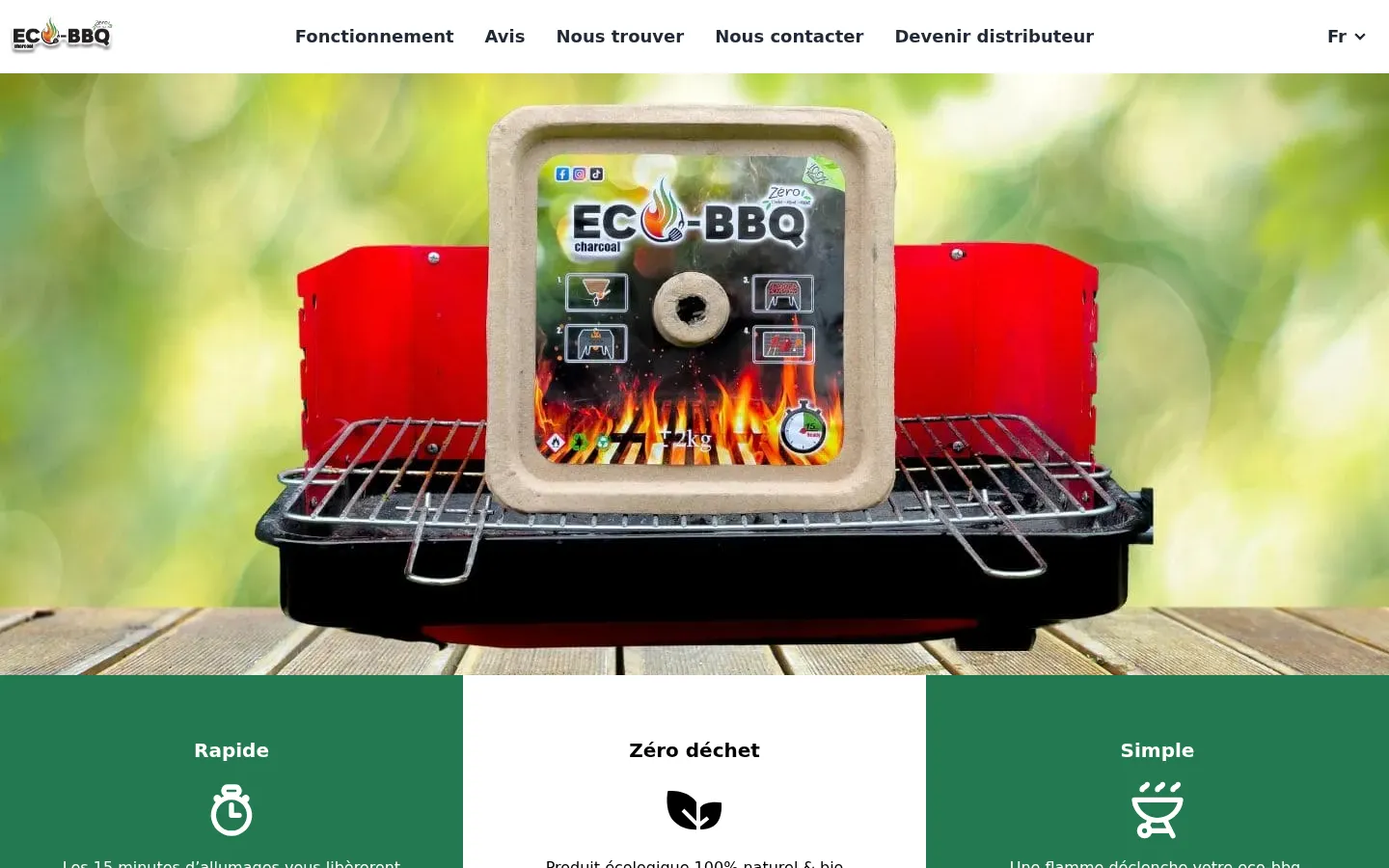 Hero Eco-BBQ avec le kit produit et trois pastilles de bénéfices : rapide, zéro déchet, simple