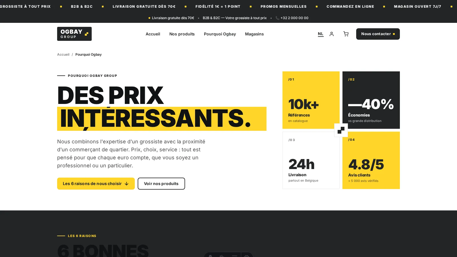 Page « Pourquoi Ogbay » — proposition de valeur et chiffres clés du grossiste