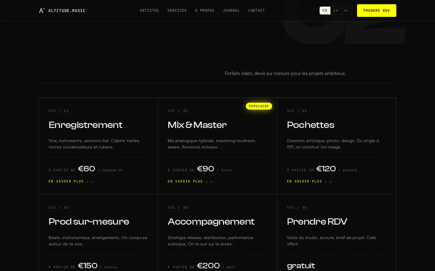 Grille de services et tarifs avec le badge « Populaire » sur Mix & Master