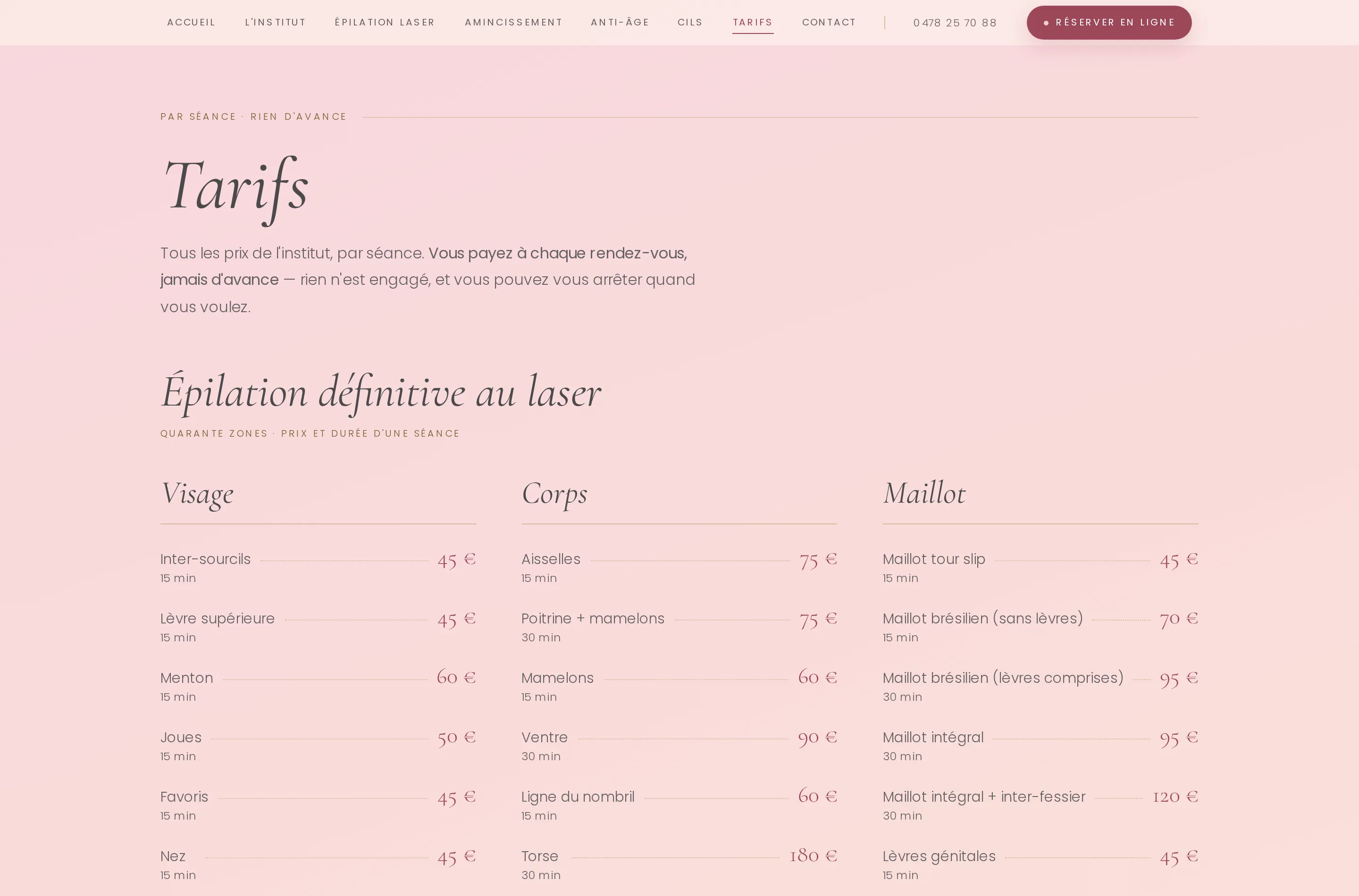 Page tarifs — quarante zones avec prix et durée, en trois colonnes